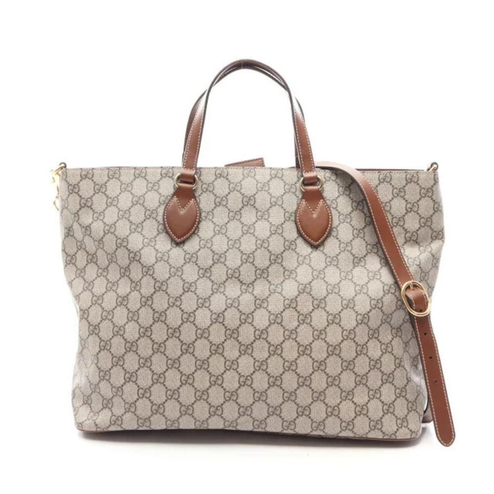 Gucci GG Supreme Tote Bag Canvas Leather Beige Cream Brown